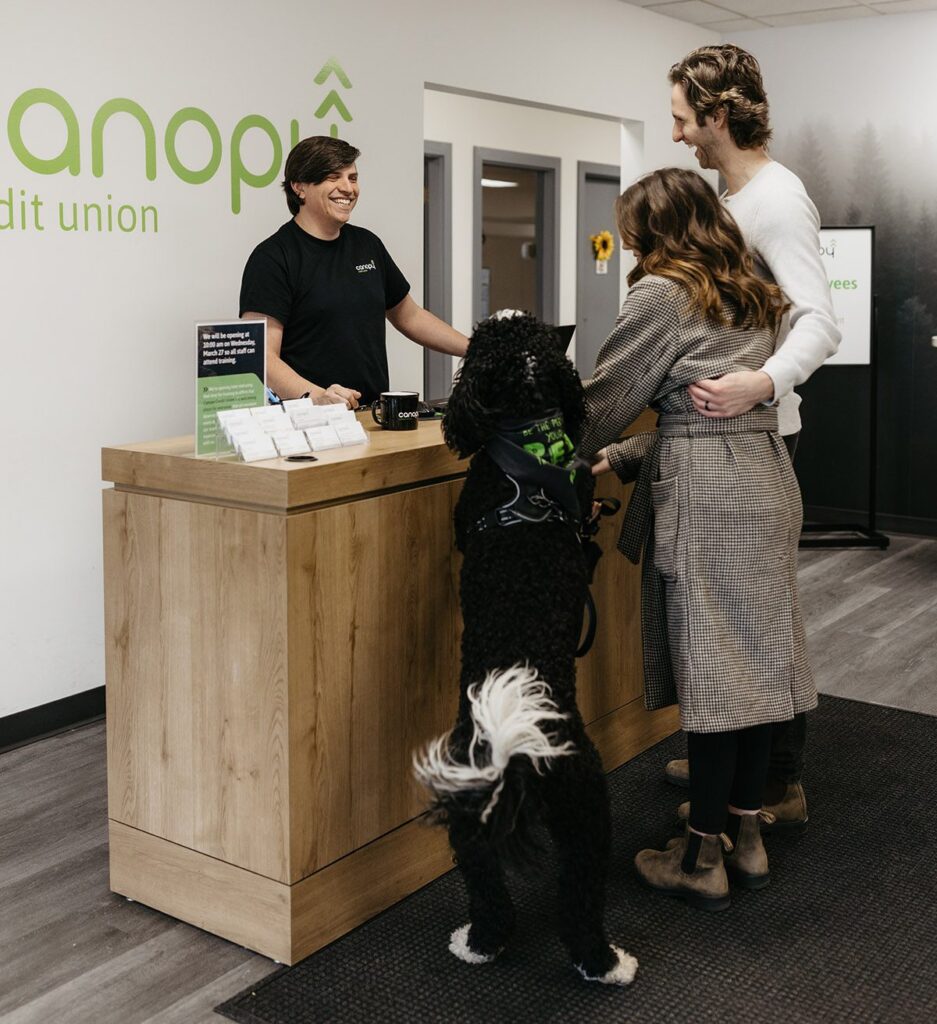 A Spokane couple visiting Canopy CU with their adorable pup.