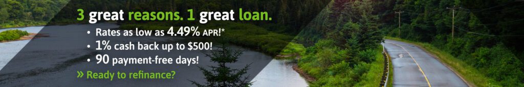 Spring road with car driving, promoting Canopy Credit Union auto loan refinance with 4.49% APR, 1% cash back up to $500, and 90-day payment-free offer