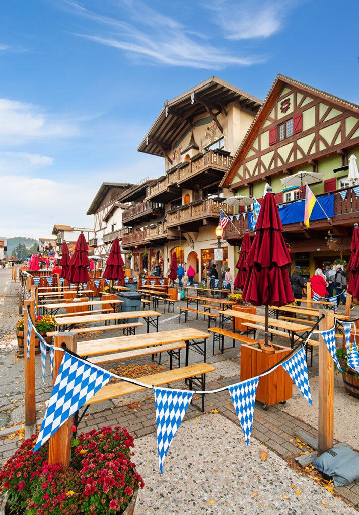 Sidewalk cafes and Bavarian themed shops at Leavenworth.